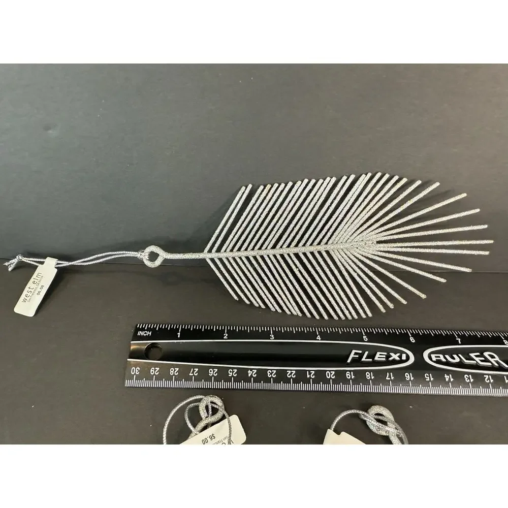 West Elm Silver Glitter Feather Ornaments Set of 3 Modern Holiday Christmas
